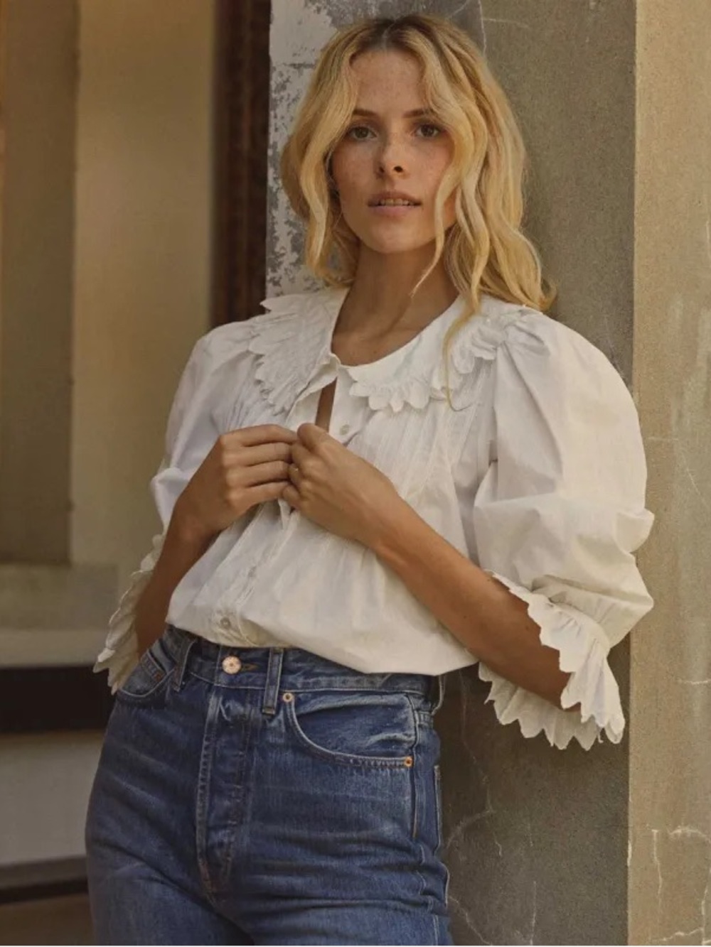 Doen Hickory Blouse Size Small Powder White Ruffle Organic Cotton Top